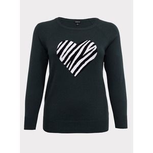 Torrid Plus Size 2 Zebra Heart Long Sleeve Knit Sweater Black White Green 18-20